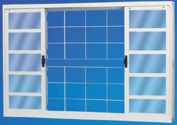 Janela 4 folhas com grade central quadriculada – Aço Pintado